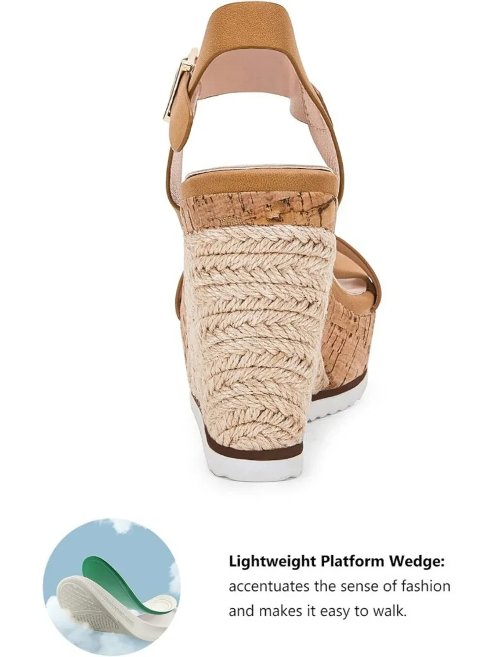 Women's Tan Espadrille Wedge Platform Sandal Open Toe Ankle Buckle Strap Shoes